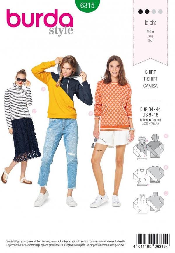 Burda Sewing Pattern 6315 Tops, Hoodies and Sweaters For Women, 8 to 18 - Easy
