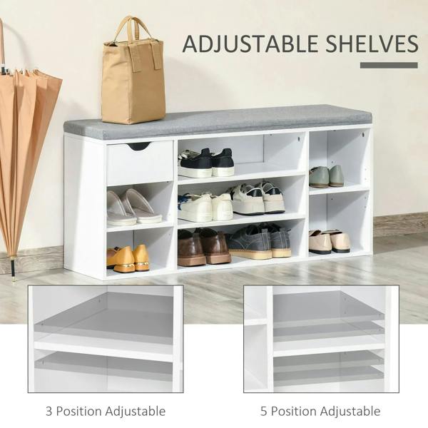 White shoe storage bench with grey cushioned top and adjustable shelving