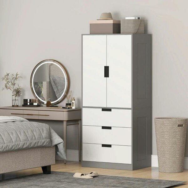 Modern Clothes Storage Cupboard Unit, 3 Drawer 2 Door Wardrobe with Hanging Rod, Grey - Grey
