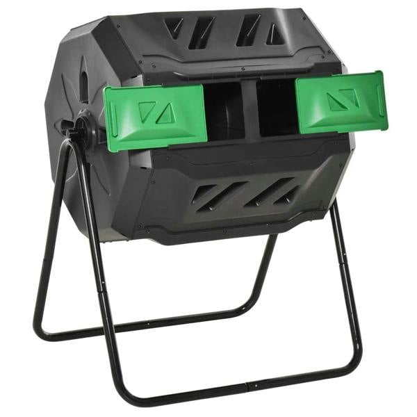 Black dual-chamber composter with green slide doors and sturdy steel legs