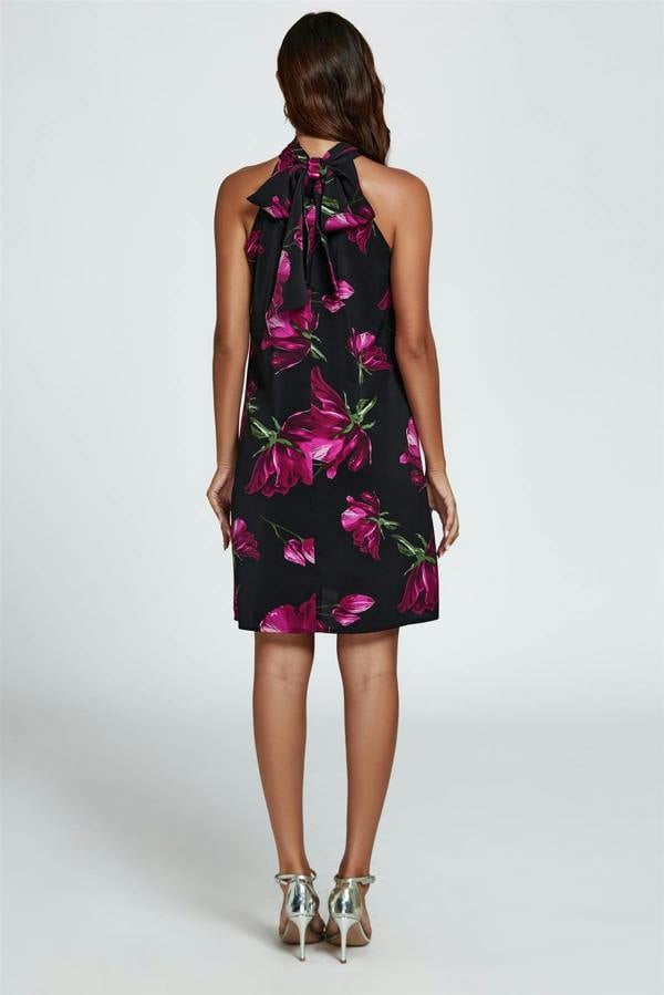 FS Collection Floral Print Halter Neck Tie Back Mini Dress In Black