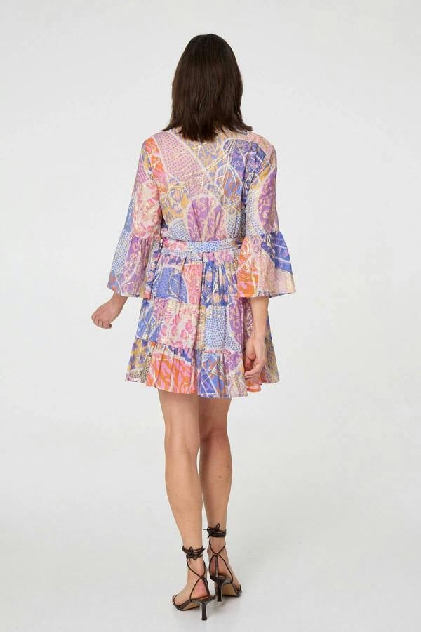 Orange | Printed Sparkly Tie Waist Short Dress