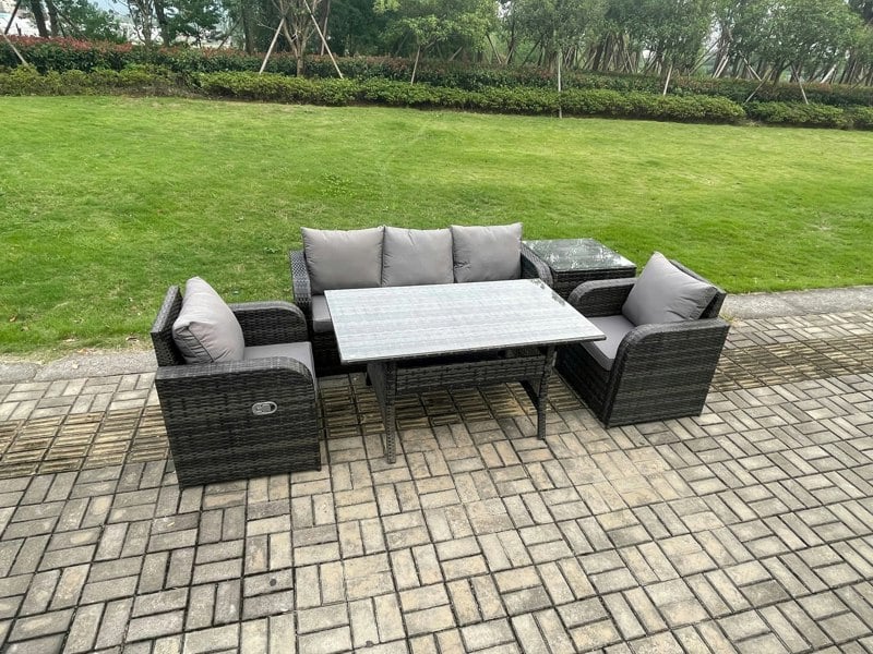 Fimous Wicker PE Rattan Garden Furniture Set Outdoor Rectangular Dining Table and Chair Sofa Set With Side Table Dark Grey Mixed