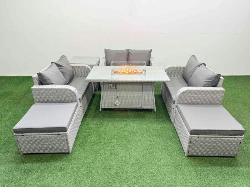 Fimous 8 Seater PE Wicker Rattan Furniture Sofa Sets with Fire Pit Dining Table 2 Seater Love Sofa 2 Big Footstool Side Table Light Grey