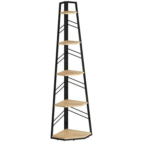 Corner Bookcase, 5-Tier Floor Standing Bookshelf, Shelving Unit for Living Room, Study, Bedroom, Natural Wood Finish