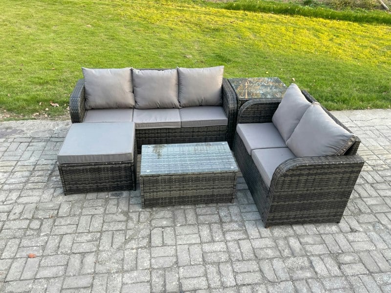 Fimous 6-Seater Rattan Outdoor Sofa Set | Rectangular Coffee Table, 3-Seater Sofa, Loveseat, Large Footstool, Side Table