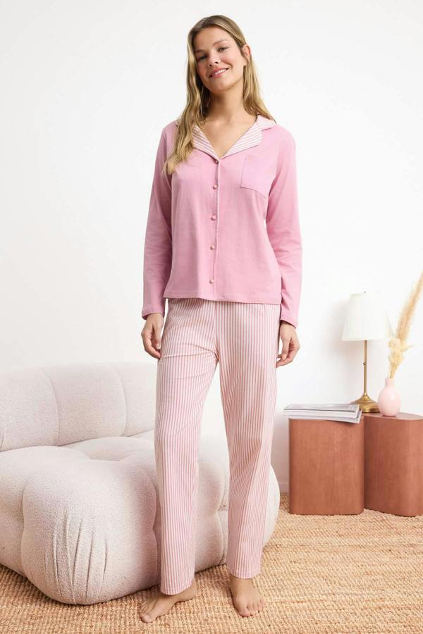Collared Button Front Long Sleeve Pyjama Set