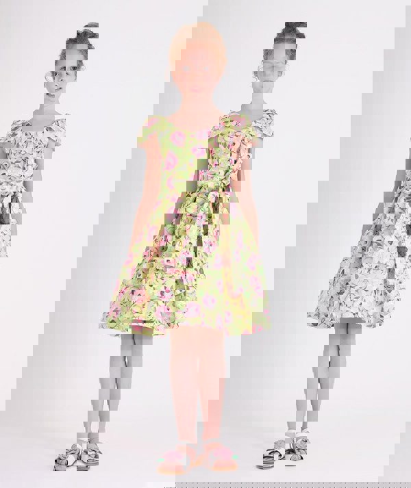 Mama Luma Girls Flower Print Dress With Belt in Yellow