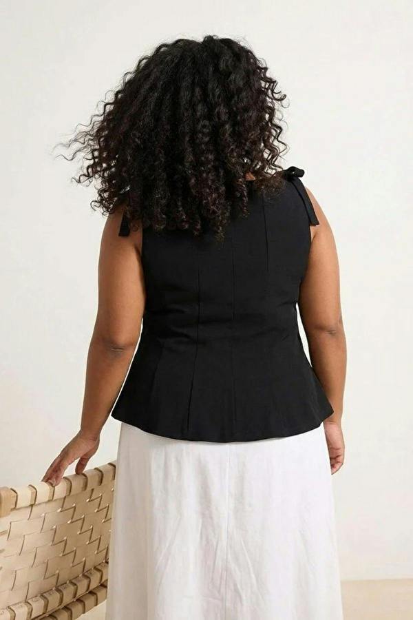 WOVCOR Sleeveless Peplum Blouse with Waist and Shoulder Bow Detail