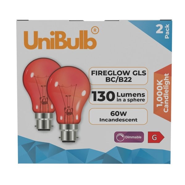 UniBulb B22 GLS 60W 1000k Fireglow Red Light Bulb  - Pack of 2