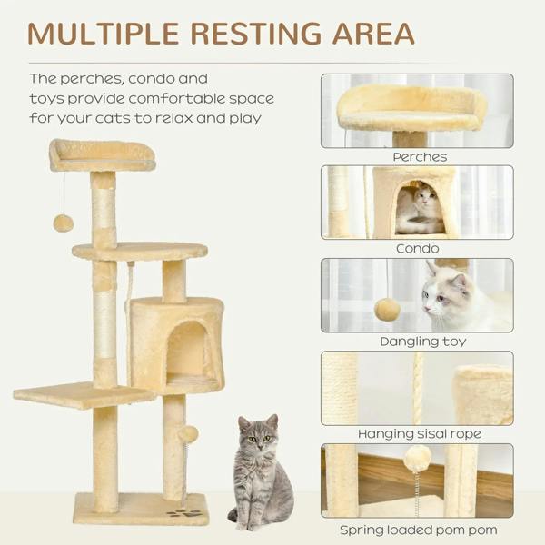 Beige multi-resting area cat tree with condo, perches, and hanging sisal rope toy