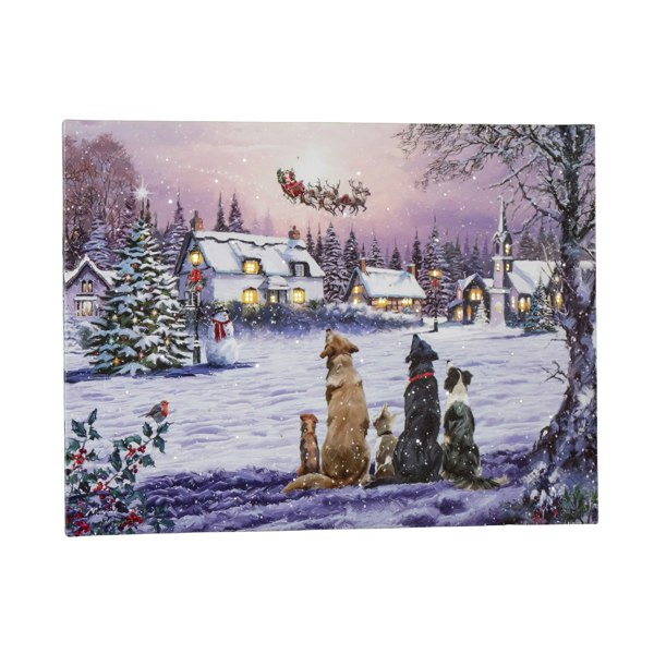 Samuel Alexander 40 x 30cm Battery Operated Light up Fibre Optic Dogs Watching Santa Christmas Wall Canvas
