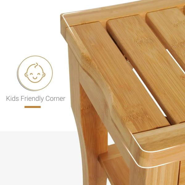 Close-up of natural wood slatted bench corner with smooth rounded edge and grain.
