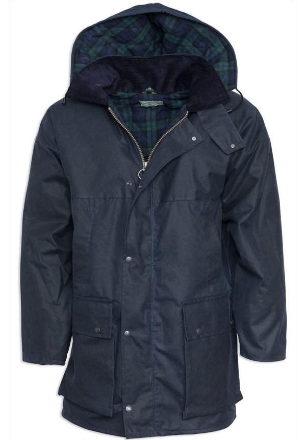 Navy padded Hoggs of Fife waxed jacket offering comfort and durability for outdoor farm work