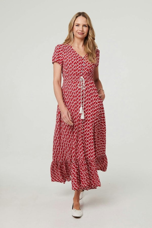 Red | Printed Smocked Tie Waist Maxi Dress
