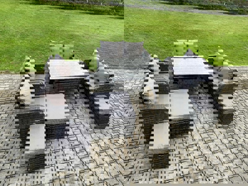 Fimous Outdoor Rattan Garden Furniture 8 piece Grey Patio Furniture Set 9 Seater Lounge Sofa Set with Rectangular Table Reclining Chairs 3 Stools