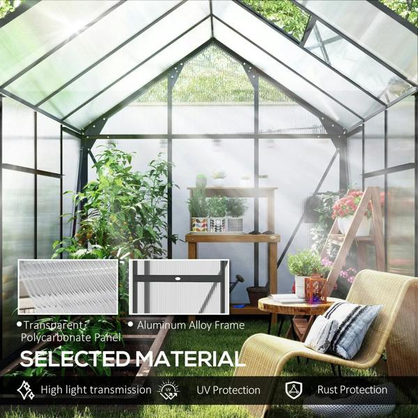 Transparent greenhouse interior with grey aluminum frame, plants on benches inside