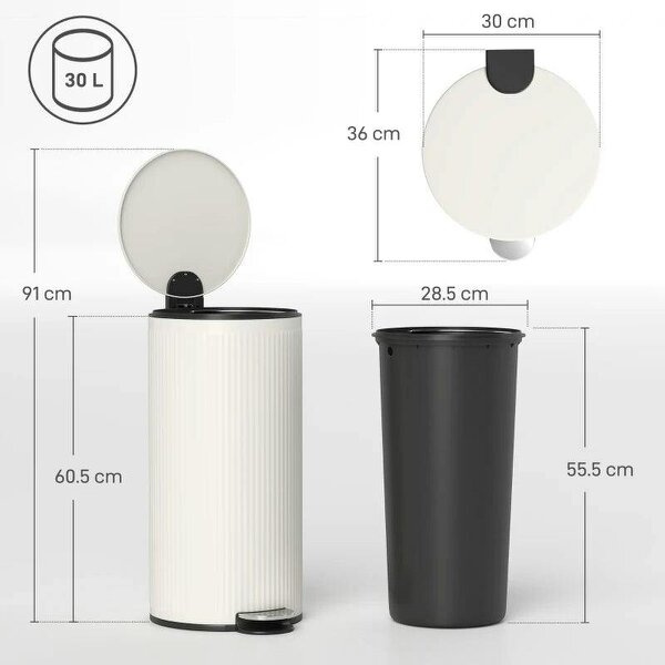 Kitchen Bin, 30 Litre Pedal Rubbish Bin with Removable Bucket, Cream