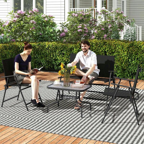 Outsunny Patio Furniture Set, Garden Set w/ Table, Foldable Chairs, a Loveseat - Black - Steel, Tempered Glass, Breathable Mesh Fabric - 108cm x 65cm x 85cm