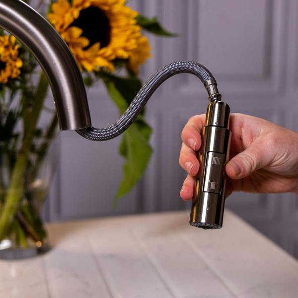 Flode Runda | Kitchen Sink Mixer with Pull out Spray | Brushed Steel | Square Head