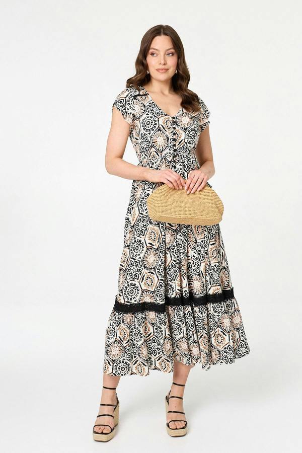 Stone | Mosaic Print Lace Cap Sleeve Maxi Dress