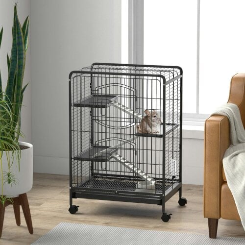PawHut 4 Levels Small Animal Cage w/ Ramps, Bowl, Water Bottle, Tray, Wheels