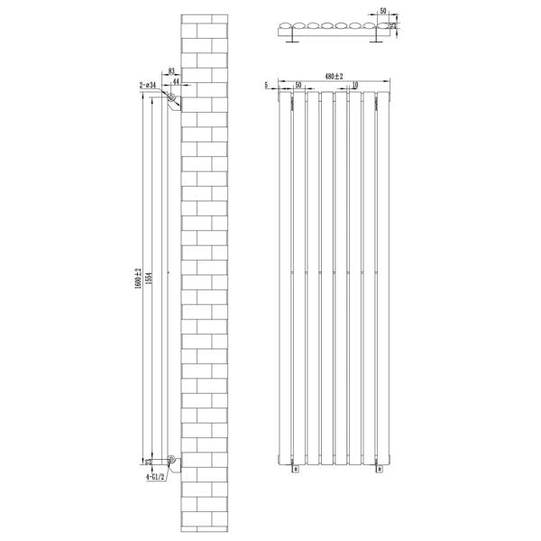 Oval single column radiator in anthracite grey, measuring 1600 x 480mm, showcasing a sleek design with vertical lines and rounded edges