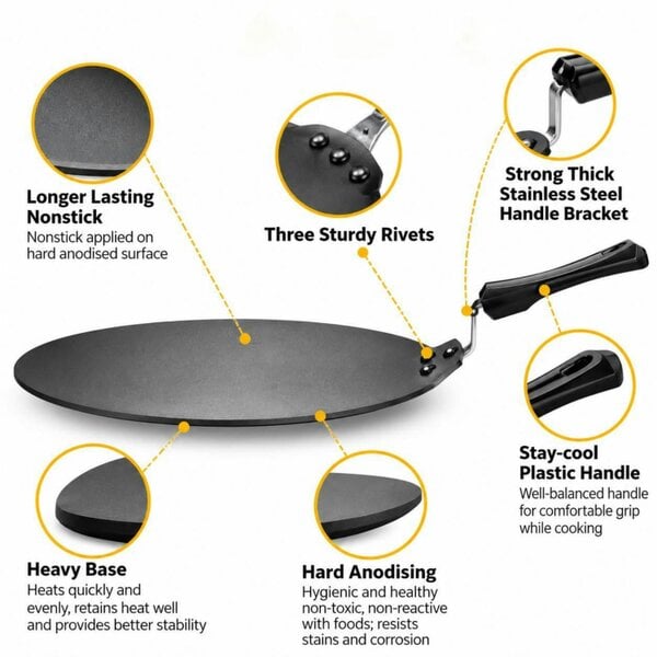 Dyzi 28cm Non-Stick Dosa Tava Roti Chapati Pancake Griddle Pan Black