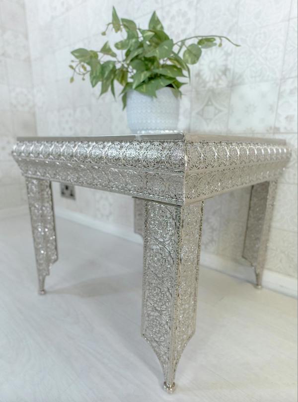 Downton Interiors Silver Embossed Metal Mirrored Glass Side Table - Agadir Collection