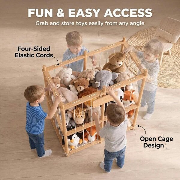 Bobobiy Stuffed Animal Storage Organiser, Wooden Storage Zoo with Rounded Corners for Nursery, Kids Room, Playroom, Natural