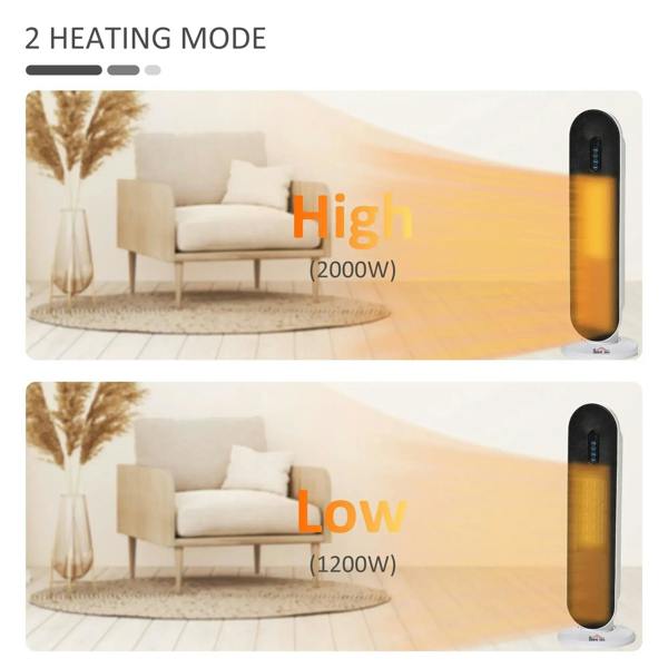 White ceramic tower space heater shown in two heat levels with different glow