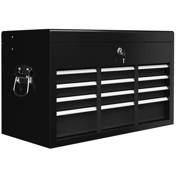 Black steel tool storage chest with six drawers, front lock, and carry handle