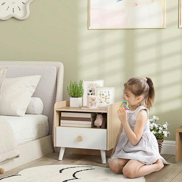 Kids Bedside Table with Drawer and Open Storage Shelf, Wooden Nightstand for Bedroom, Bedside Cabinet, White - Natural wood, white drawer and legs