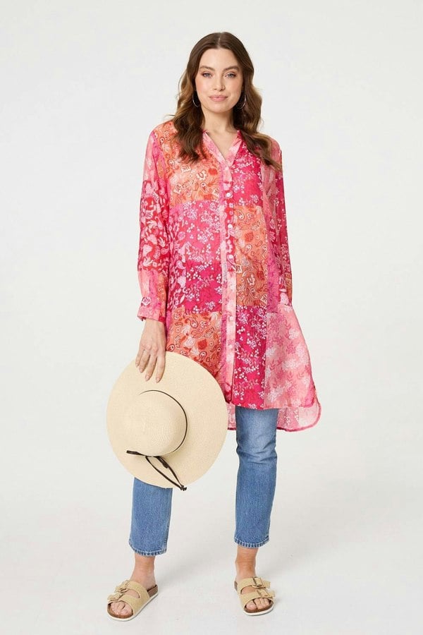 Red | Patchwork Print Semi Sheer Longline Shirt
