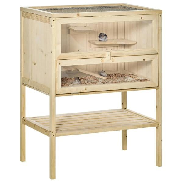 Natural fir wooden hamster cage with open front, multiple platforms, and two wooden ramps