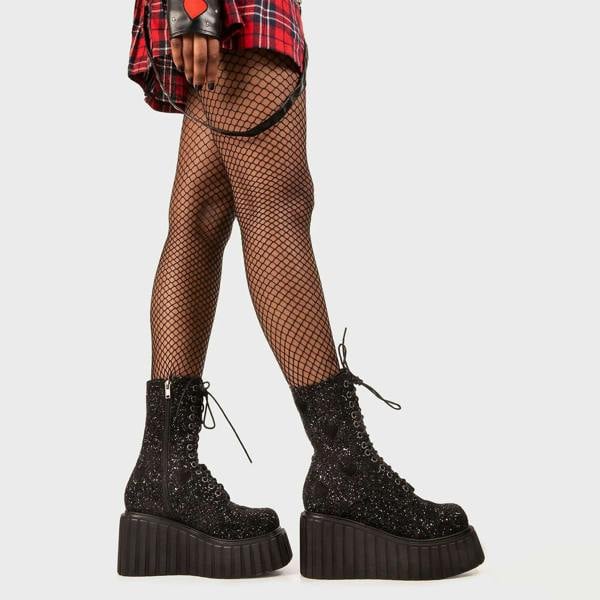 Lamoda Hand On Heart Black Glitter Chunky Ankle Creeper Boots Platform