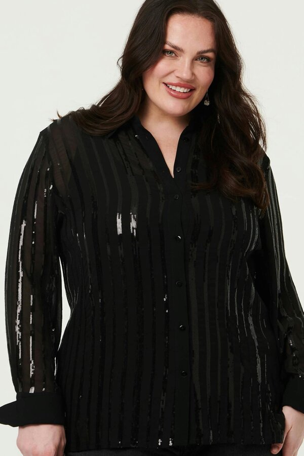 Izabel London Curve Sequin Striped Long Sleeve Shirt