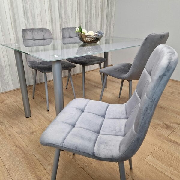 Kosy Koala Dining Table Clear Glass and 4 Velvet Grey Chairs Dining Room Furniture