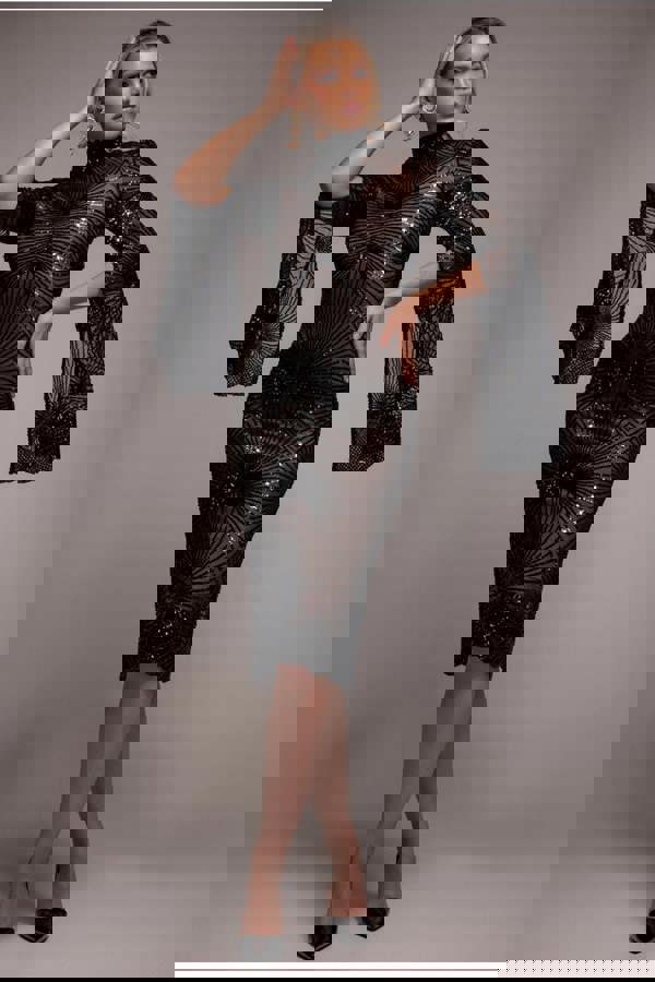 Sequin Starburst Cape Sleeve Midi Dress - Black DR4799