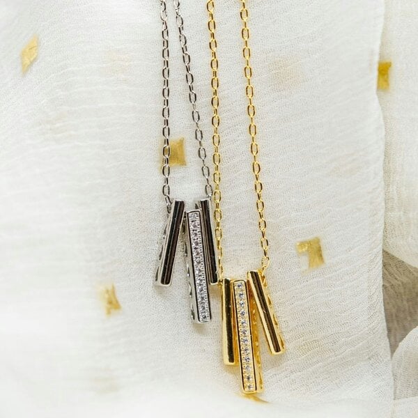 The Colourful Aura Sterling Silver Geometric Three Bar Zircon Drop Minimalistic Pendant Necklace