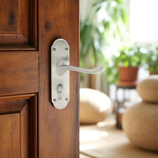 EDH Door Hardware Satin Nickel Bathroom Door Handle – Epsom Style Victorian Scroll Privacy Lever