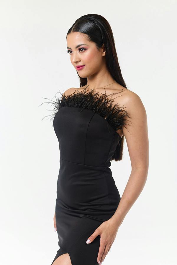 LuvForever Black Bandeau Side Slit Maxi Dress