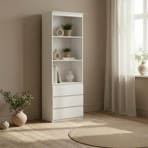 Wyld Haus Seso Wood White Tall Bookcase With Shelves And Integrated Drawers 180 cm