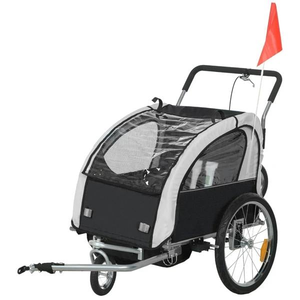 Black 2-seat bike trailer with front wheel, safety flag, and clear mesh window panels