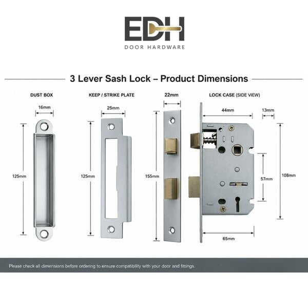 EDH Door Hardware 3 Lever Sash Lock – Mortice Door Lock - Multiple Finishes