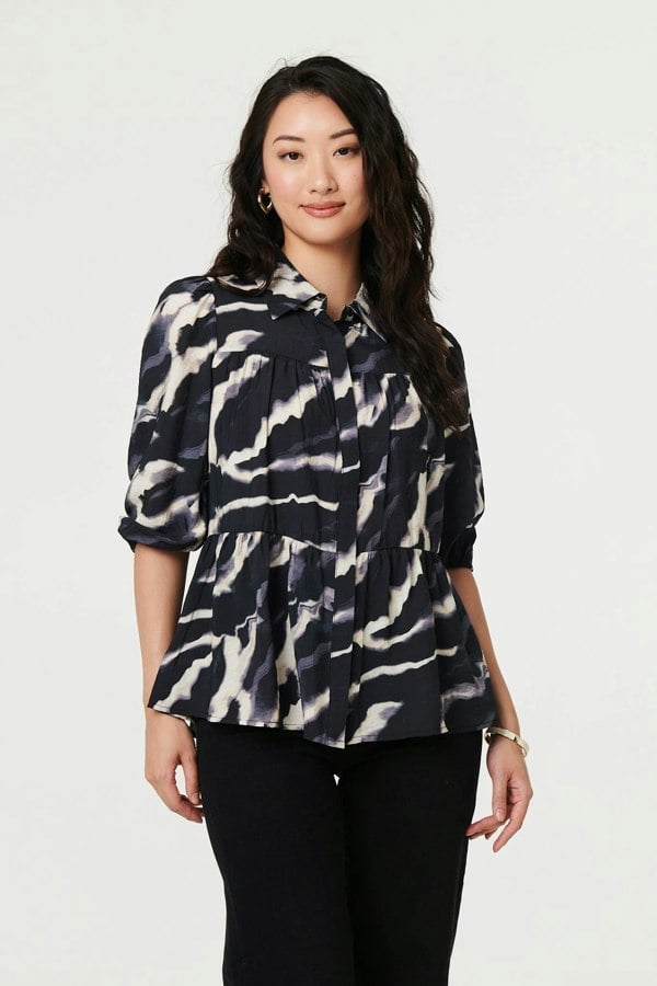 Navy | Marble Print 3/4 Sleeve Ruched Blouse
