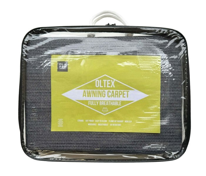 The OLPRO OLTEX Breathable Awning Groundsheet 2.5m x 4.5m in its carry bag showing the front insert describing the product and on a white background.