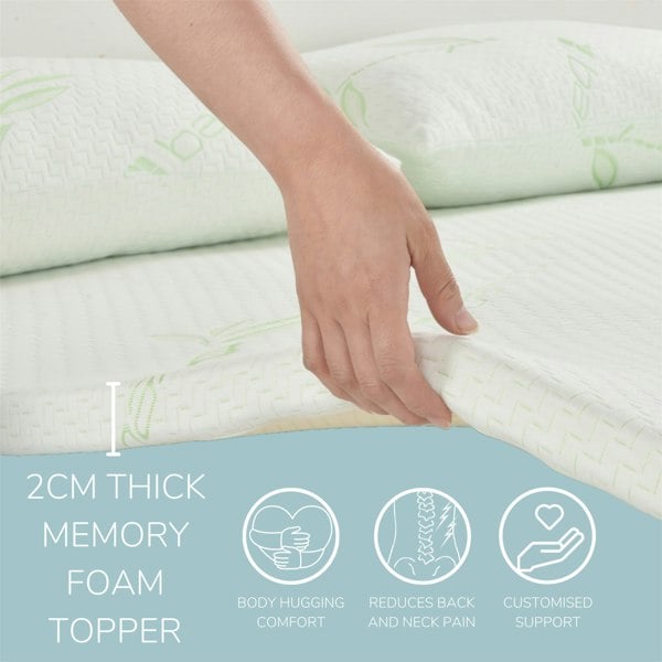 HomeSpace Direct Memory Foam Mattress Topper With Organic Bamboo Cover 2cm Deep