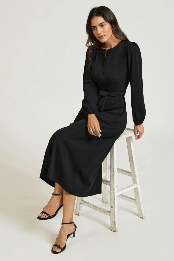 FS Collection Long Balloon Sleeve Jersey Midi Shirt Dress In Black