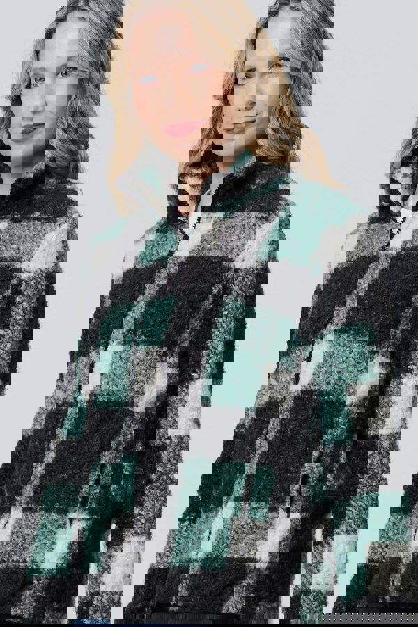 Green | Checked Zip Front Boxy Teddy Jacket
